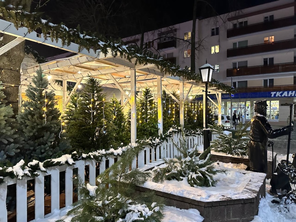 Елочный базар на рождественской ярмарке по улице Гоголя в Бресте. Декабрь 2023 года.