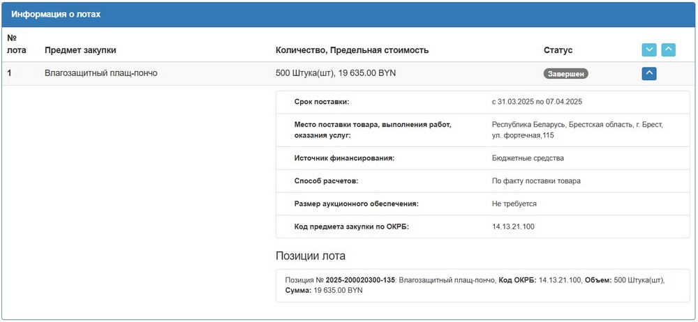 Тендер Брестского горисполкома на плащи-пончо. Скриншот сайта госзакупок