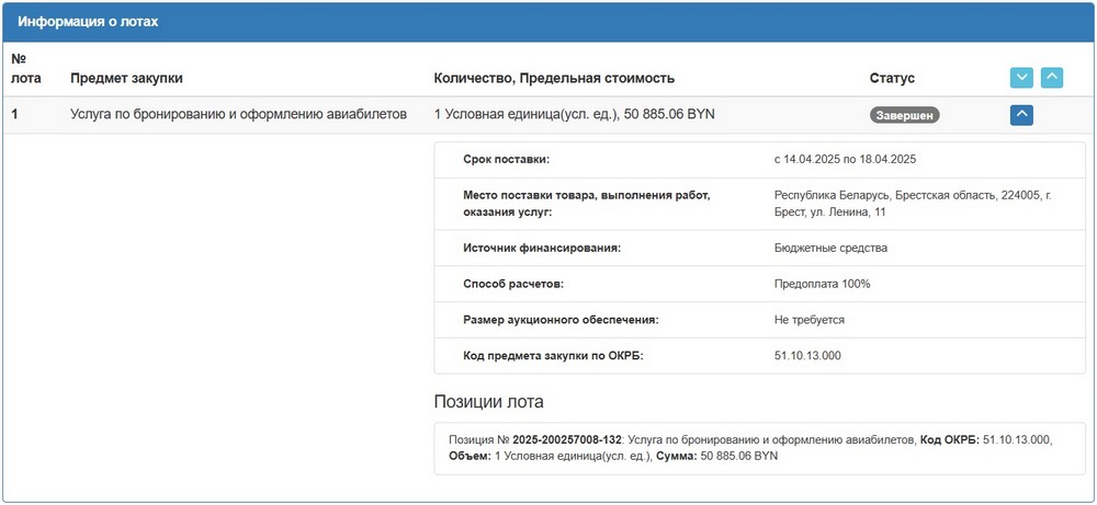 Тендер Брестского облисполкома на поездку в Китай. Скриншот сайта госзакупок