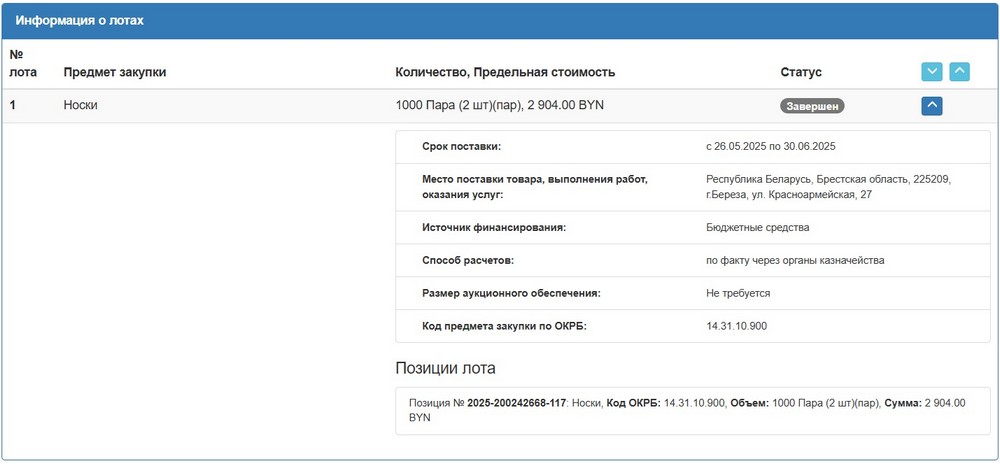Тендер Березовского райисполкома на летние носки. Скриншот сайта госзакупок