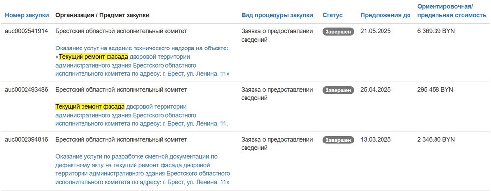 Тендеры Брестского облисполкома на ремонт фасадов. Скриншот сайта госзакупок