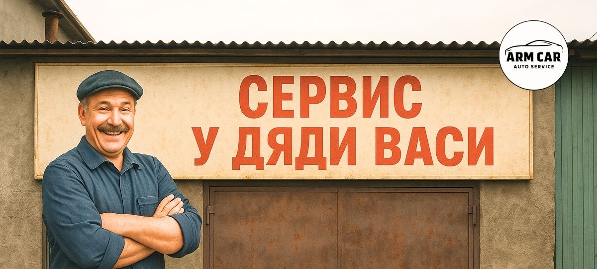 Фотореалистичное изображение старого гаража с вывеской «Сервис у дяди Васи». На вывеске крупными буквами название и фото улыбающегося дяди Васи в кепке и рабочей рубашке.