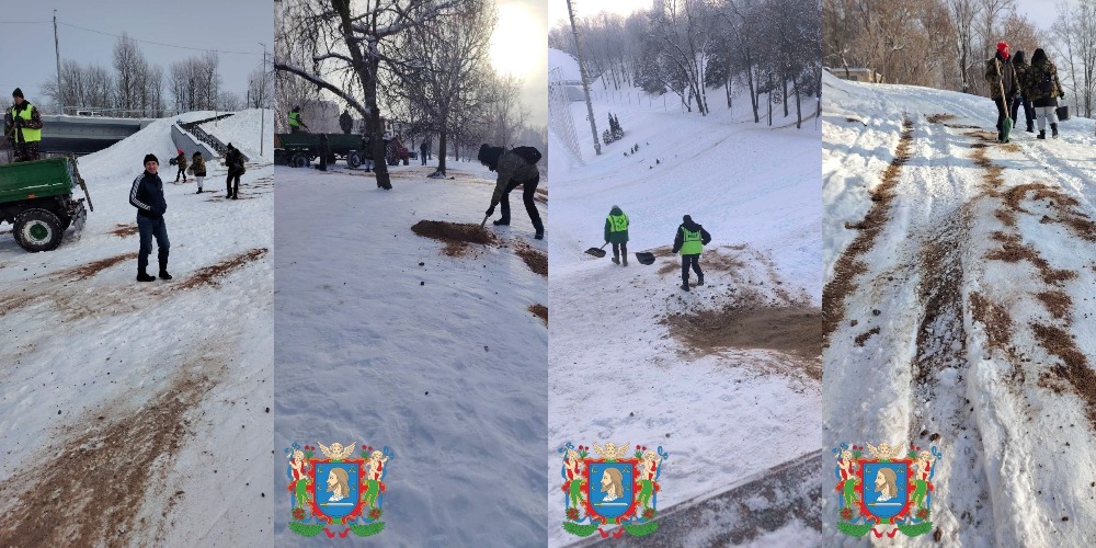 коммунальные службы посыпают дороги песком 