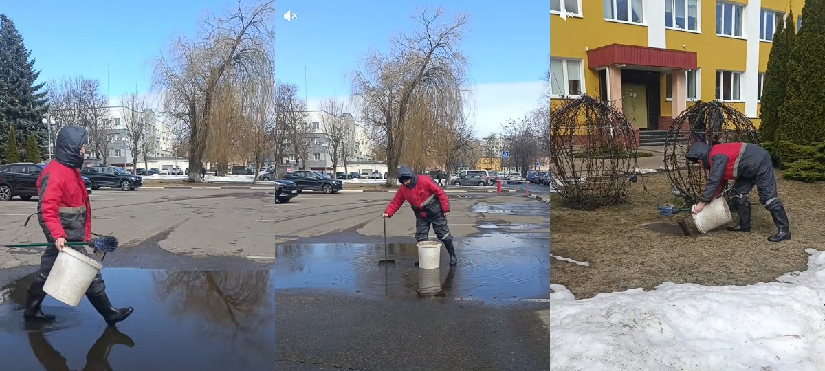 работник стройтреста собирает воду из лужи в ведро и выливает на снег