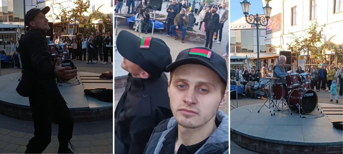 Двое МООПвцев танцуют на Советской в Бресте. Коллаж BGmedia